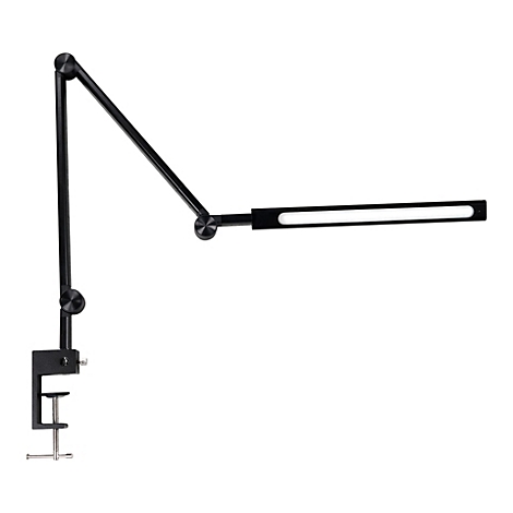 Schwarze Schreibtischlampe mit LED-Lichtleiste. Flexible Arme und Klemme. Auf weißem Hintergrund isoliert.