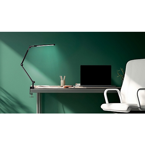 Schreibtisch mit Lampe, Laptop und Stuhl vor grüner Wand. Die Lampe beleuchtet den Tisch. Ein heller Fleck erhellt die Szene.