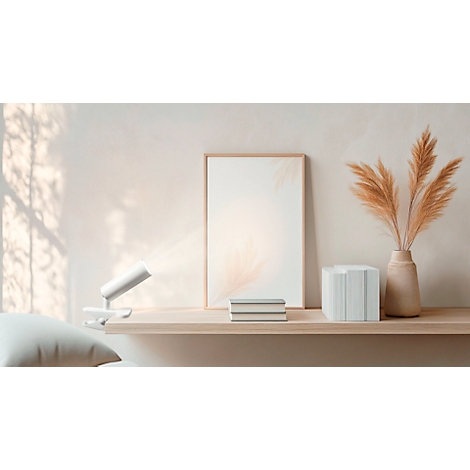 Een minimalistische opstelling met een ingelijste foto, een vaas met pampasgras en boeken op een houten plank.