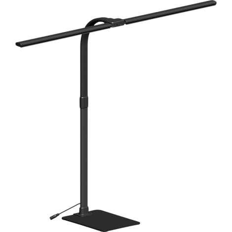 Zwarte, moderne vloerlamp met een lange, horizontale lamp en een vierkante voet.