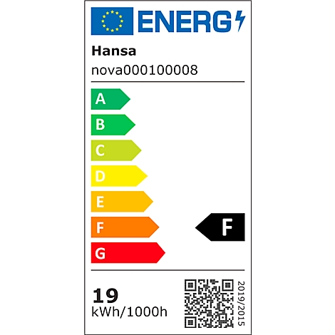 Energie-efficiëntielabel met categorieën A tot en met G. Toont een beoordeling van 'F' en een verbruik van 19 kWh/1000h. Merk: Hansa.