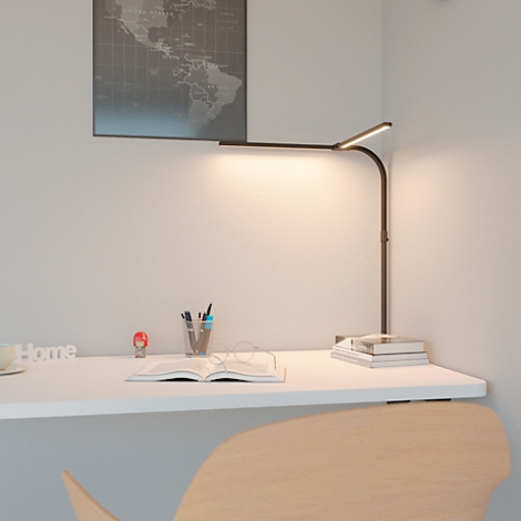 Schreibtisch mit Lampe, Notizbuch, Stiften und Globuskarte an der Wand.