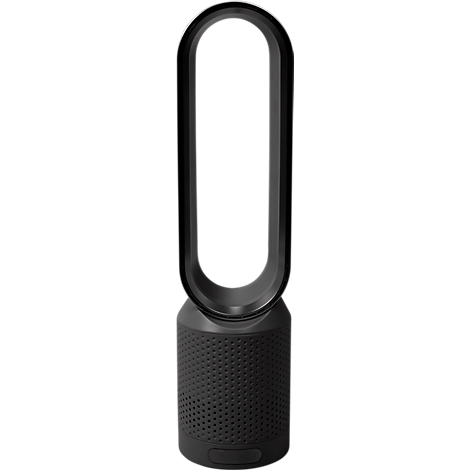Een zwarte torenventilator, met een ovale opening en een afgeronde basis.
