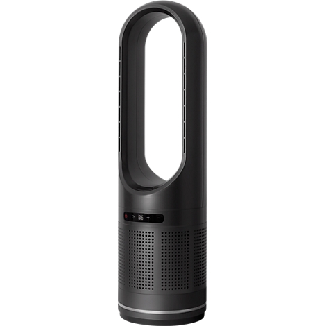 Zwarte torenventilator, cilindrische vorm met ovale opening en bedieningspaneel.