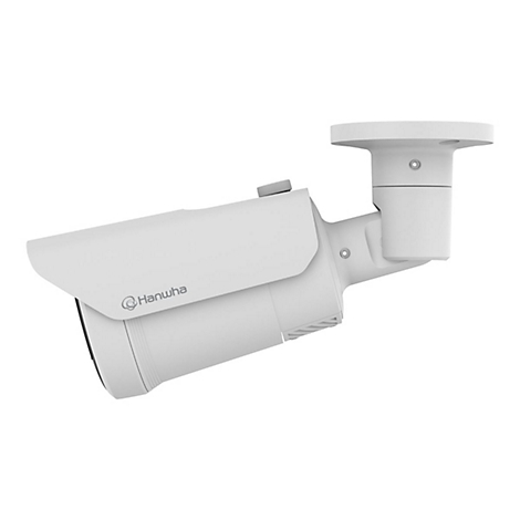 Weiße Überwachungskamera mit Hanwha Logo. Sie ist auf weißem Hintergrund dargestellt.