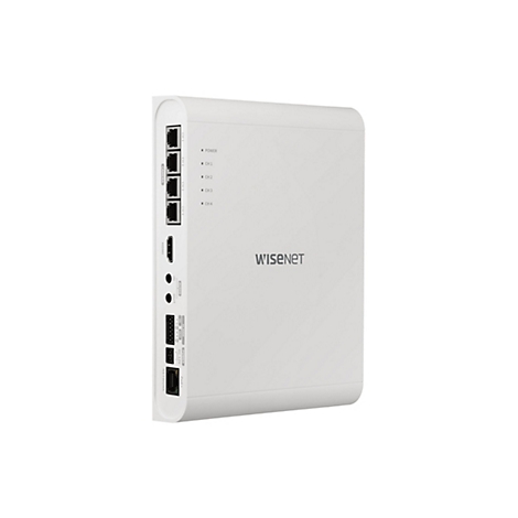 Weißes, rechteckiges Gerät mit mehreren Anschlüssen, HDMI-Port und Wisenet-Logo. Auf der Seite sind Beschriftungen wie 'CH1', 'CH2', 'Power' zu sehen.