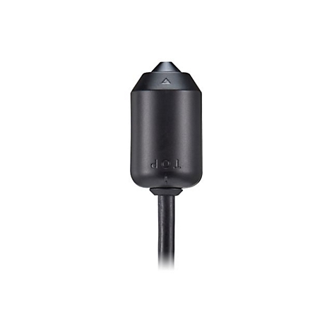 Schwarzes, zylindrisches Objekt mit spitzem Kopf und Kabel. Auf der Spitze ist ein Pfeil, am unteren Teil steht „TOP“.