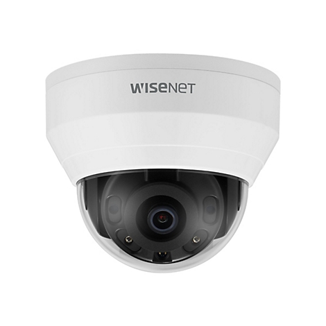 Eine weiße Dome-Überwachungskamera mit dem Schriftzug "WISENET".