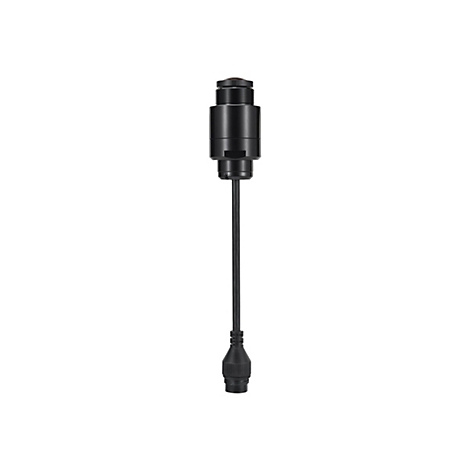 Schwarz-silberner Sensor mit Kabel vor weißem Hintergrund.
