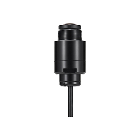 Ein schwarzer Sensor mit gerillter Oberfläche und Kabelanschluss auf weißem Hintergrund.