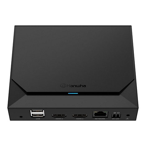 Schwarze Hanwha-Set-Top-Box, blaue LED, Anschlüsse unten: USB, HDMI, Netzwerk, DC 12V, Stromanschluss.