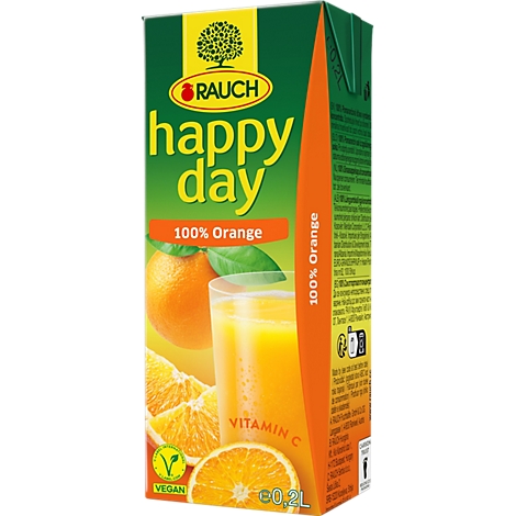 Rauch Happy Day Orangensaft 0,2l Packung mit Bild einer Orange und einem Glas Saft.