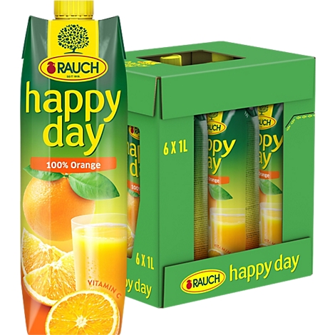 Ein 6er-Pack Rauch Happy Day Orangensaft mit einer einzelnen Packung davor auf weißem Hintergrund.