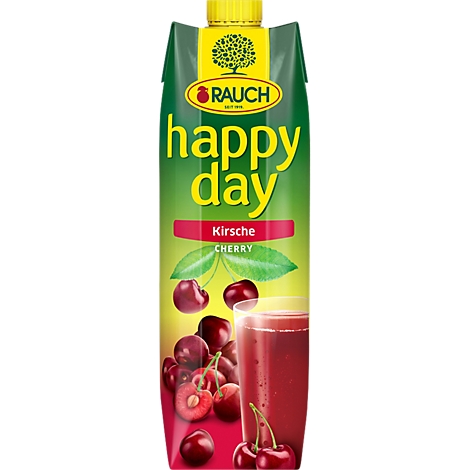 Rauch Happy Day Kirschsaft Packung mit frischen Kirschen und einem Glas Saft auf grün-rotem Hintergrund.