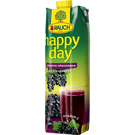 Rauch Happy Day Saftpackung Schwarze Johannisbeere mit gelbem Deckel und lila-grünem Design.