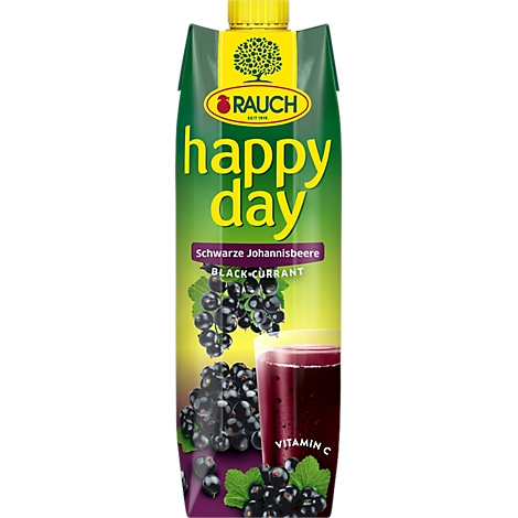Rauch Happy Day Saftpackung Schwarze Johannisbeere mit Fruchtabbildungen und Glas.