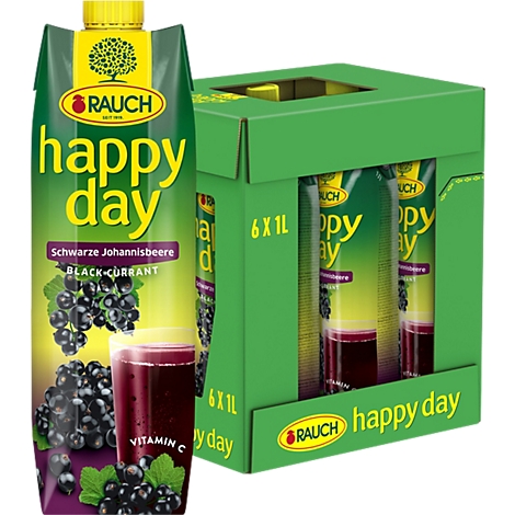 Rauch Happy Day Saftpackung Schwarze Johannisbeere und ein Sechserpack auf grünem Grund.