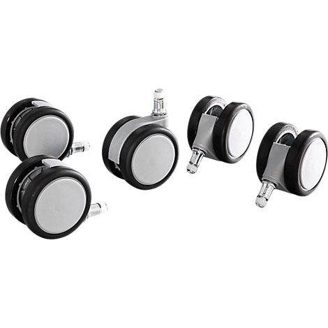 Five office chair castors, black and gray with silver pins, against a white background.