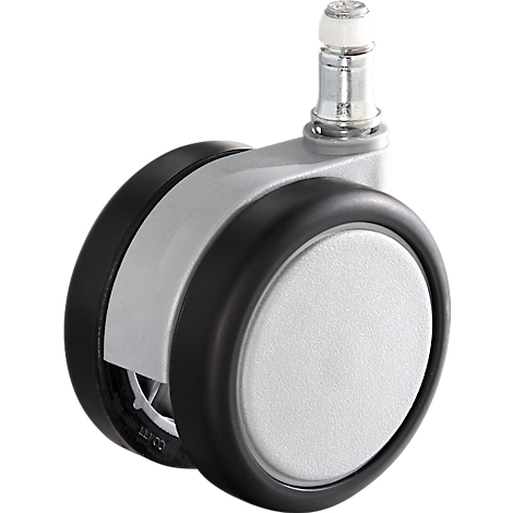 Close-up of a chair caster with two wheels. A white pin protrudes from the top center of the frame. The wheels have a black tire and a silver center.