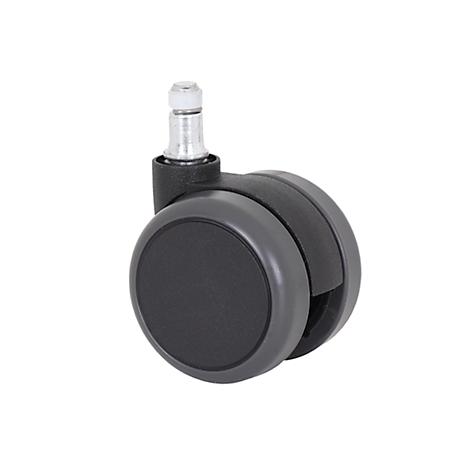 Close-up of an office chair caster. The caster has two grey wheels with a black core. There is a metal bracket on top.