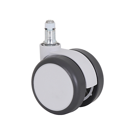 Close-up of a white and grey caster wheel. The wheel consists of two wheels with a white central part, surrounded by grey rubber. A silver bolt projects upwards.