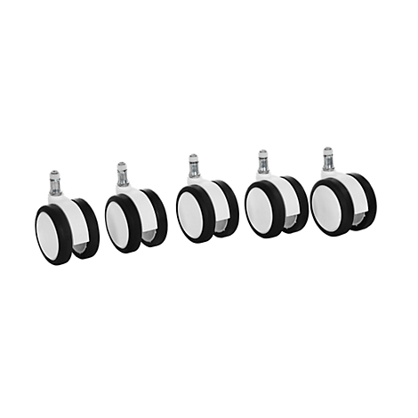 Five chair casters, white and black. The casters each have two wheels.
