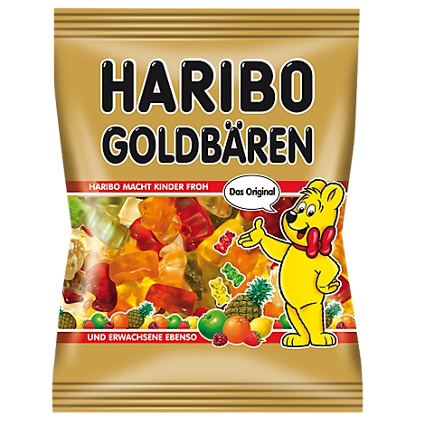 Haribo Goldbears bag. Golden packaging with gummy bears and the Haribo bear.