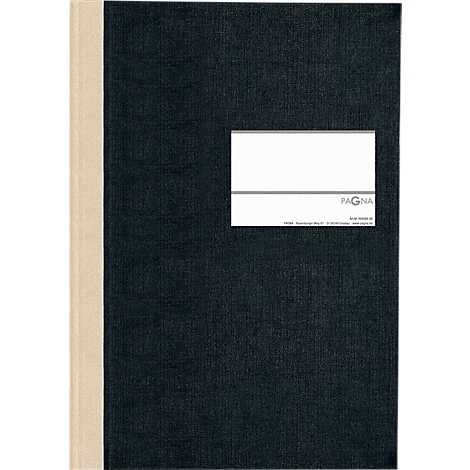 Schwarzes Notizbuch mit cremefarbenem Rücken und weißem Etikett. Auf dem Etikett steht 'PAGNA'.