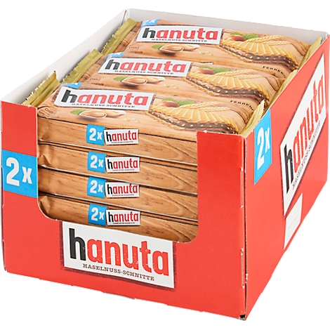 Displaykarton mit mehreren Hanuta Haselnuss-Schnitten Riegeln.