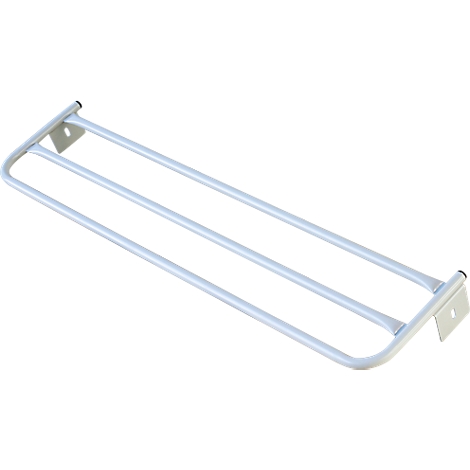 White, metal towel rack with three bars and brackets.