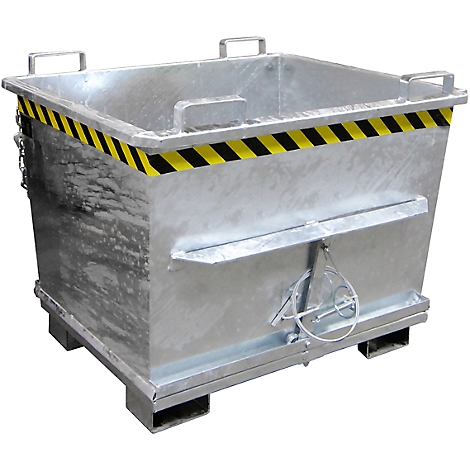 Metal container, square, with warning stripes. Handles, chain, control lever. On pallet feet.