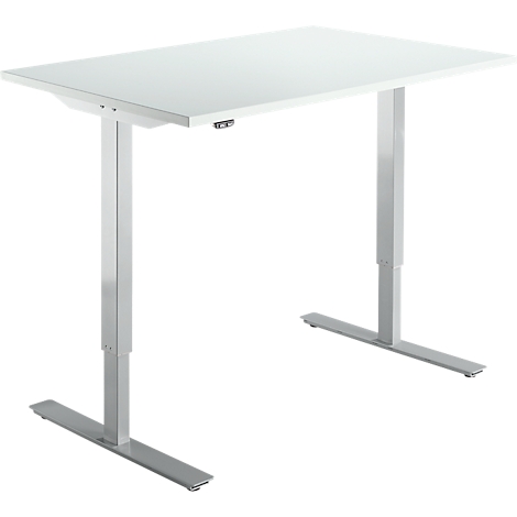 Bureau blanc réglable en hauteur, design minimaliste, avec deux pieds.