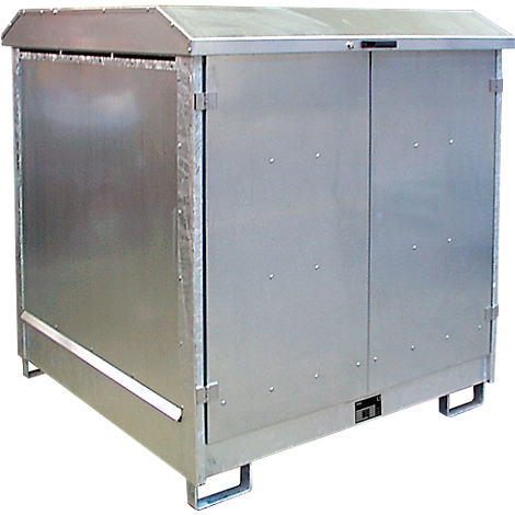 Metal container with roof and two doors, against white background. Ideal for trash or storage outdoors.