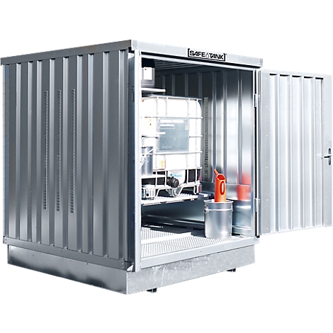 Metal container with open door, interior tank, buckets, funnel.