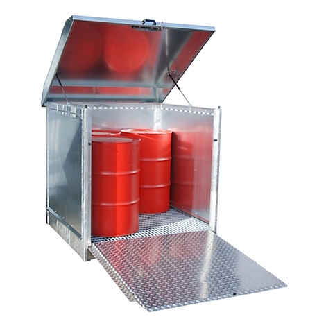 Metal container with open lid, storing red barrels. In front of it is an unfolded ramp.