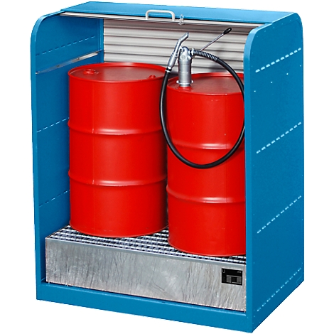 Blue containment unit with two red barrels and a fuel pump. There is a flap on top.