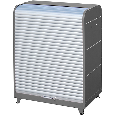 Grey cabinet with roller shutter, handle and legs. The product is placed on a white background.