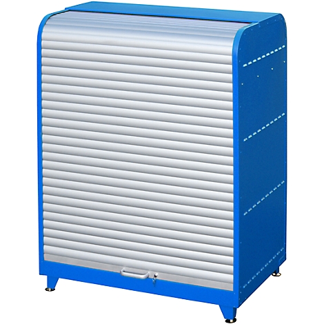 Blue and silver cabinet with roller shutter and handle. The housing is blue, the door silver. There are small silver feet on the feet.