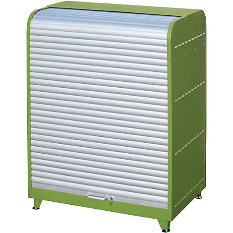 Green cabinet with roller shutter, silver-colored, small handle and lock.