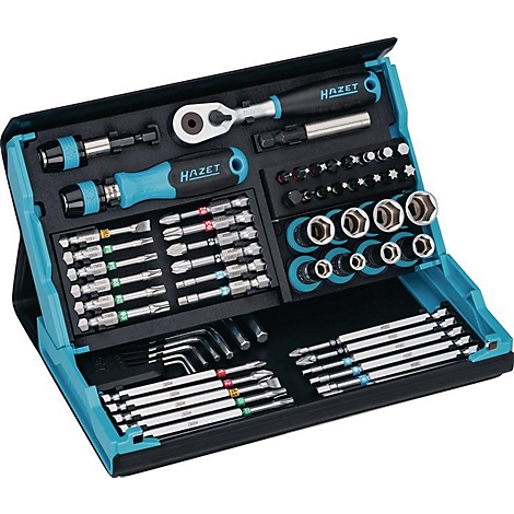 Gereedschapskoffer met diverse schroevendraaiers, sleutels en doppen. Kleuren: zwart, turquoise. Merk HAZET.