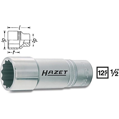 Een zilveren Hazet-dopsleutel met 12-kant profiel, daarnaast een technische tekening en het teken 125 1/2''.