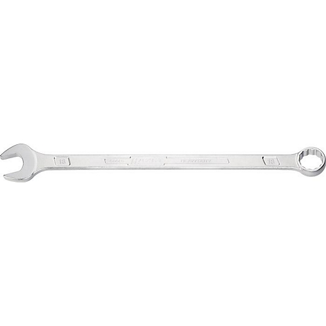 Een metalen sleutel, met een ring aan één uiteinde en een open bek aan de andere kant.