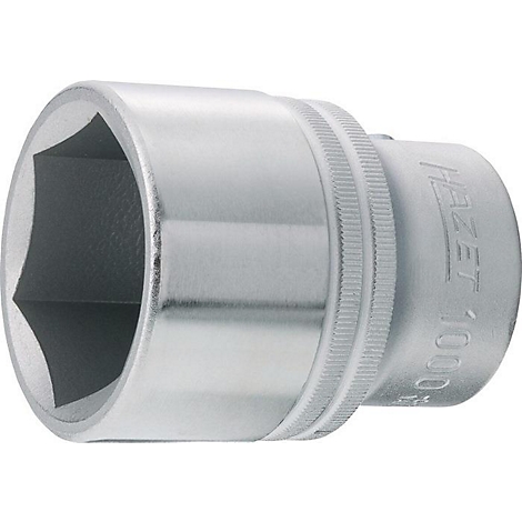 Close-up van een metalen dopsleutel. De zeshoekige binnenkant is duidelijk zichtbaar, de dopsleutel is gemarkeerd met "HAZET".