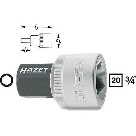 Dopsleutel met HAZET-logo, zeshoek en afmetingen.