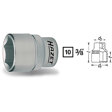 Een zilveren HAZET-dop met belettering. Daarnaast een 3/8" markering en een schets met afmetingen.