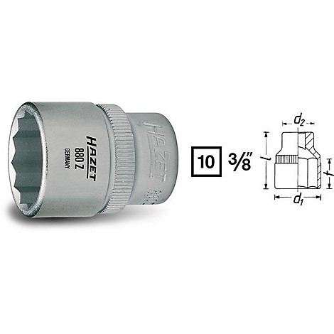 Metalen dopsleutel, HAZET 880 Z, 10, 3/8 inch, met technische tekening.