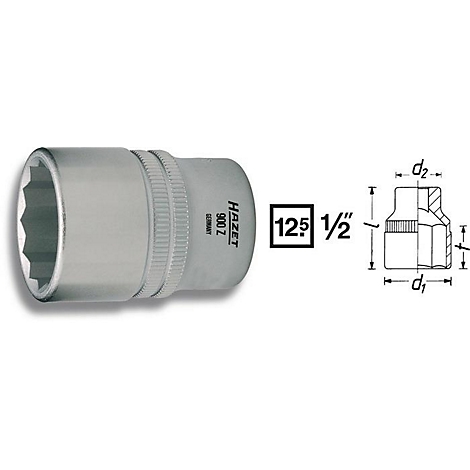 Zilverkleurige dopsleutel, HAZET 900 Z, naast een schematische weergave met afmetingen en een vierkant met 125 en 1/2 inch.