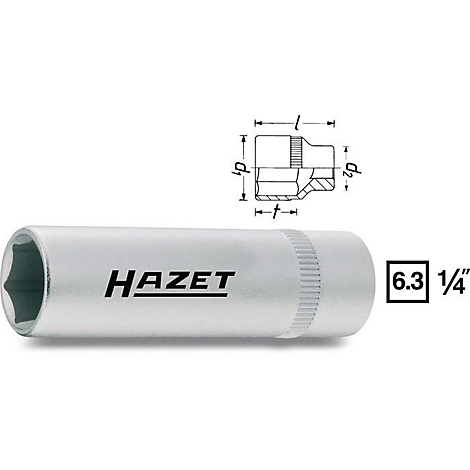 Een zilveren dopsleutel met de opdruk "HAZET" en een maatschets. Rechtsonder staan de getallen "6.3 1/4".