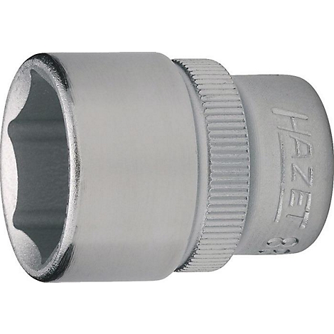 Close-up van een metalen zeskantige dopsleutelmoer. De naam 'HAZET' is in de zijkant gegraveerd.