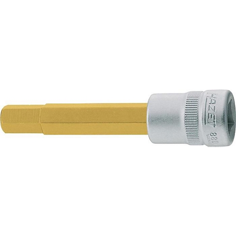 Een gereedschap bestaande uit een goudkleurig zeskantig deel en een zilverkleurige kop met de inscriptie "HAZET".